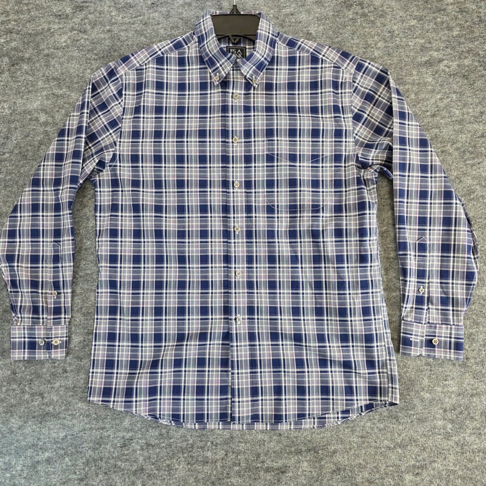 Jos A Bank Button‎ Down Shirt Mens Medium Blue Plaid Traveler Traditional Fit